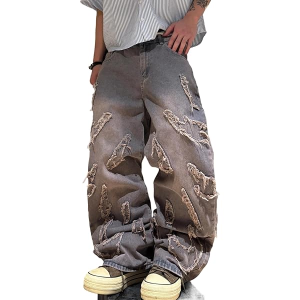 BXCNCKD Gothic Retro Damaged Spider Web Ragged Edge Jeans Men's