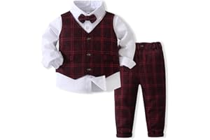 KIMOCAT Boys 3Pcs Clothing Sets Long Sleeve Bowtie Shirts +Vest +Pants Casual Suit