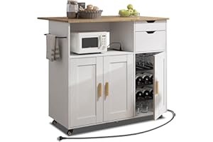 ASTRONAPE Rolling Mobile Kitchen Island Cart with Desktop Drop Leaf Countertop, Island Table Storage with 5 Wheels, Rolling Kitchen Cabinet with Power Socket (White, with Countertop)