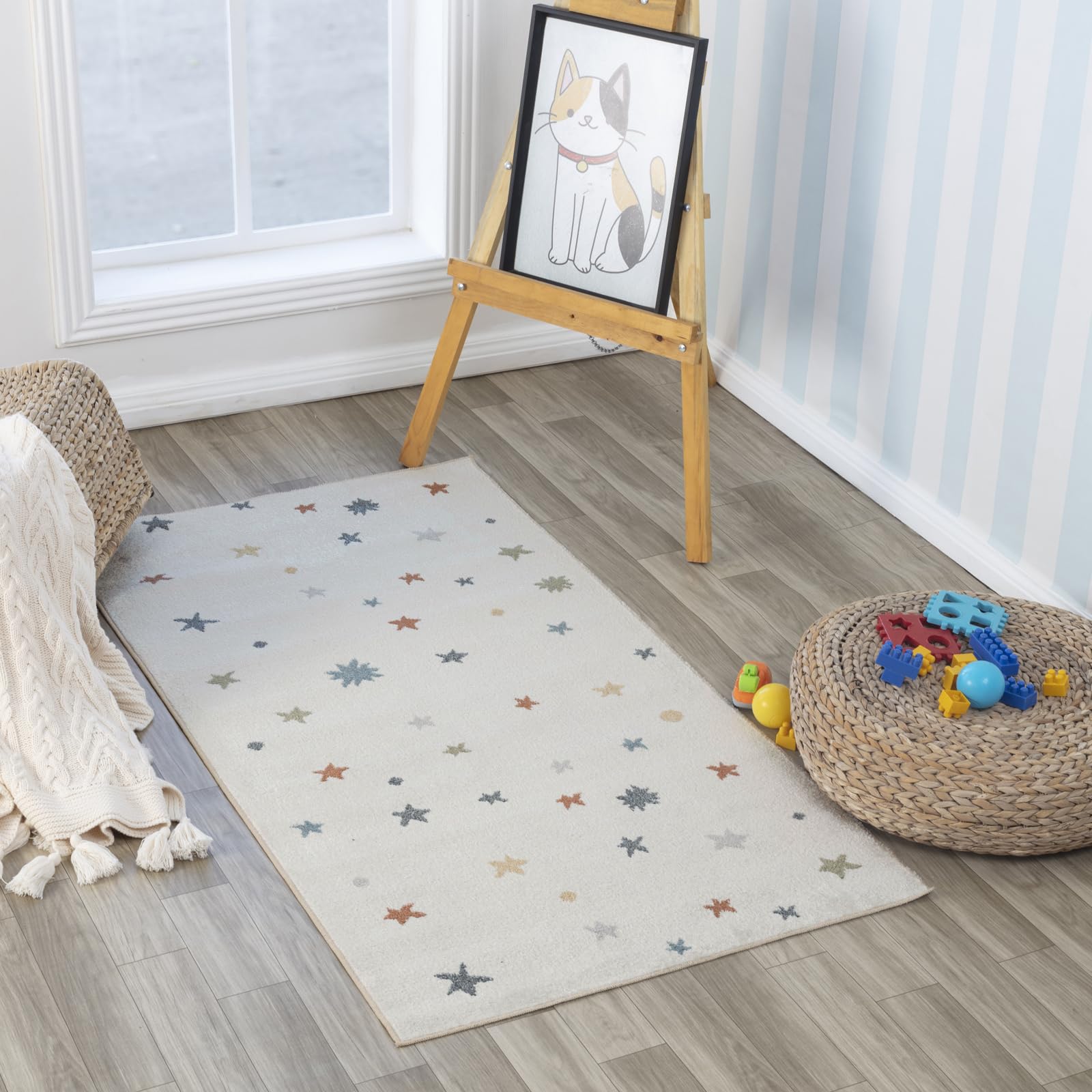 Livabliss Stella Stars Washable Kids Rug - Childrens Rugs for Bedroom 80x150 cm, Machine Washable Animal Rug for Girls & Boys Bedroom, Playroom and Nursery Rugs - Girl, Boy, Baby, Kids Carpet, Cream