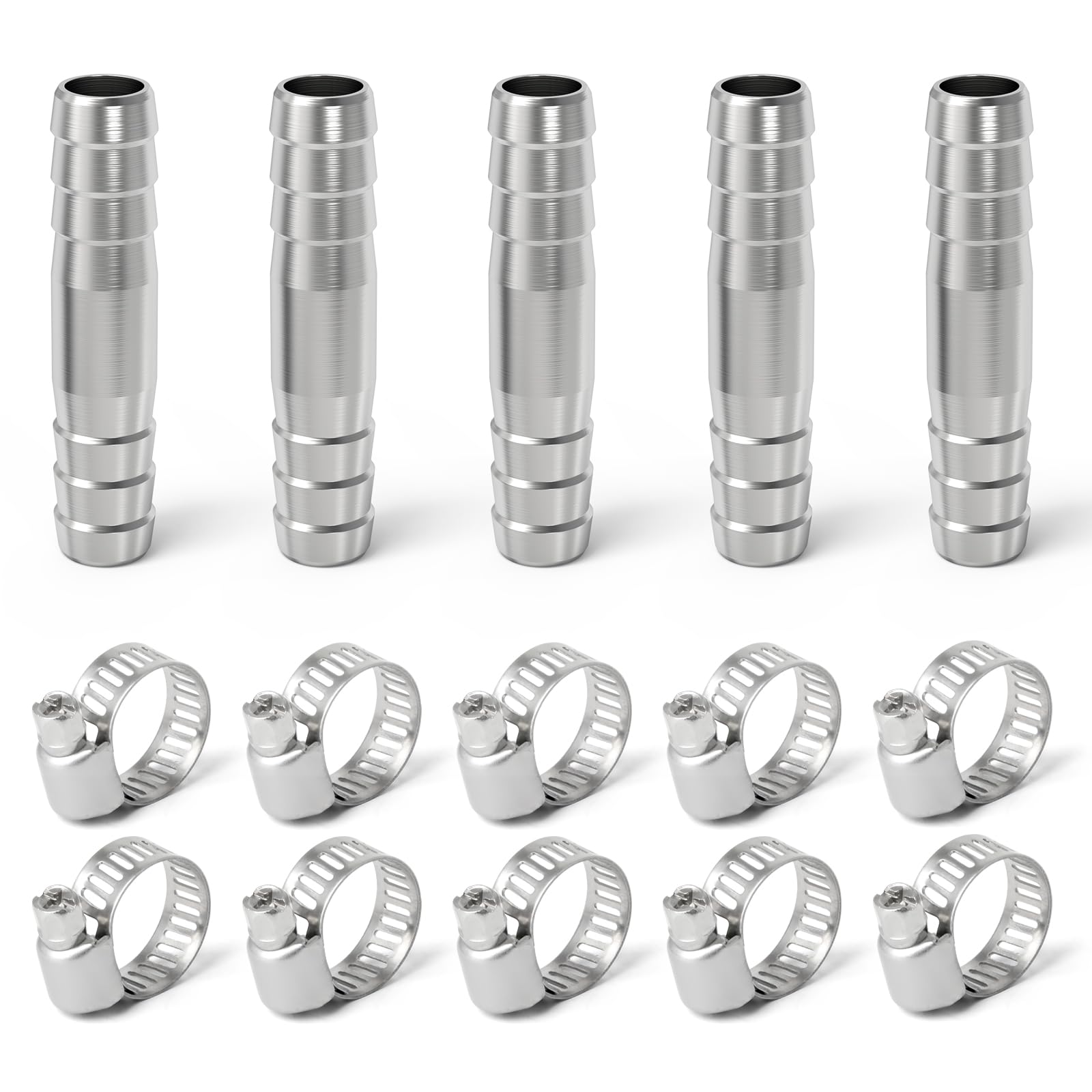 ERGAOBOY 5Pcs 20MM 304 Stainless Steel Hose Barb Splicer Mender Round Union Coupler, Straight Adapter Fitting with Clamp for Air Water Fuel