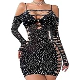 Linzdvay Lingerie for Women Sexy Long Sleeves Stripper Outfit Chemise Babydoll Rhinestone Fishnet Teddy Mini Dresses