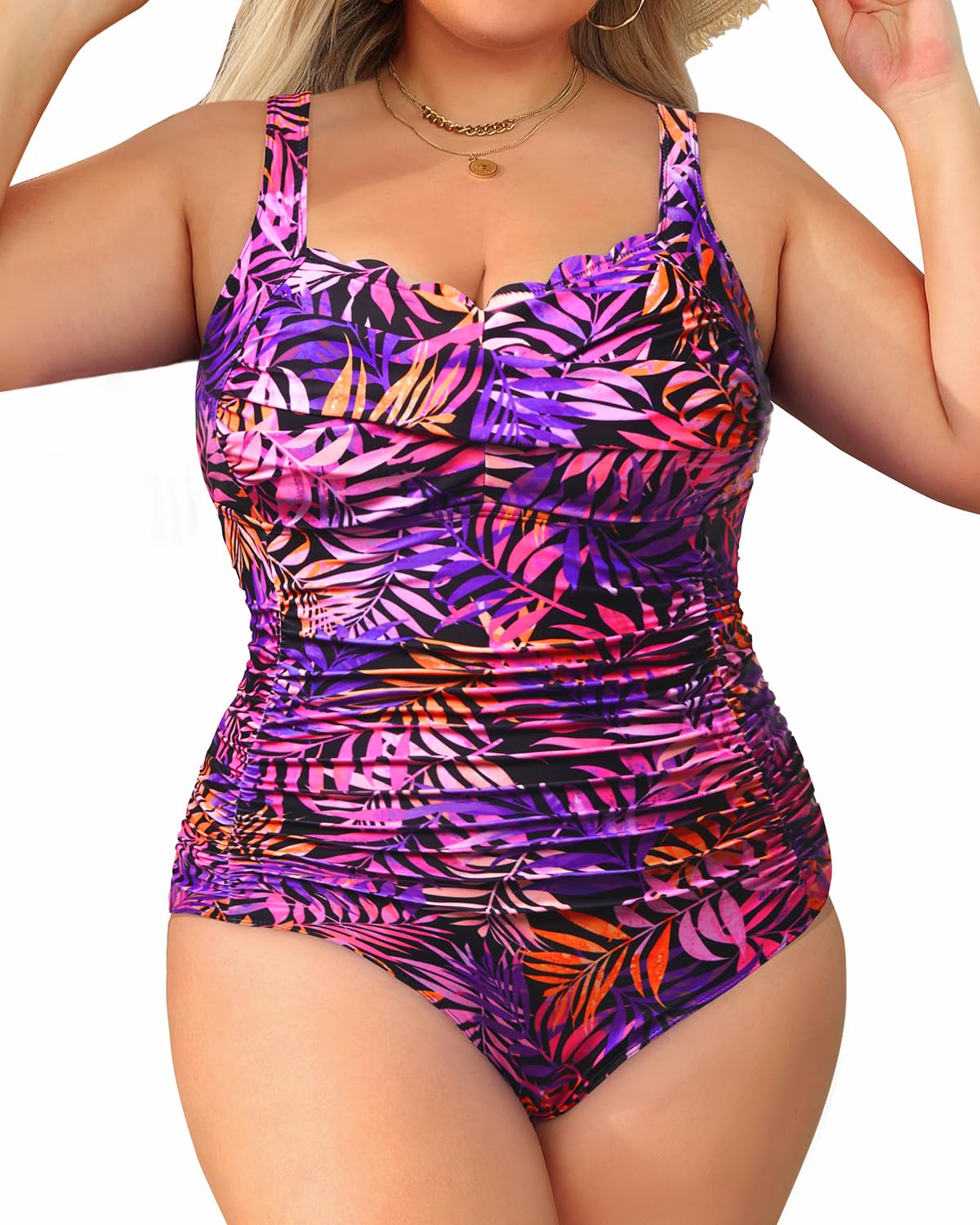 Photo 1 of Aqua Eve Womens Plus Size One Piece Swimsuit- Tummy Control Bathing Suit Full Coverage Swimwear Purple Pink Leaves 22W