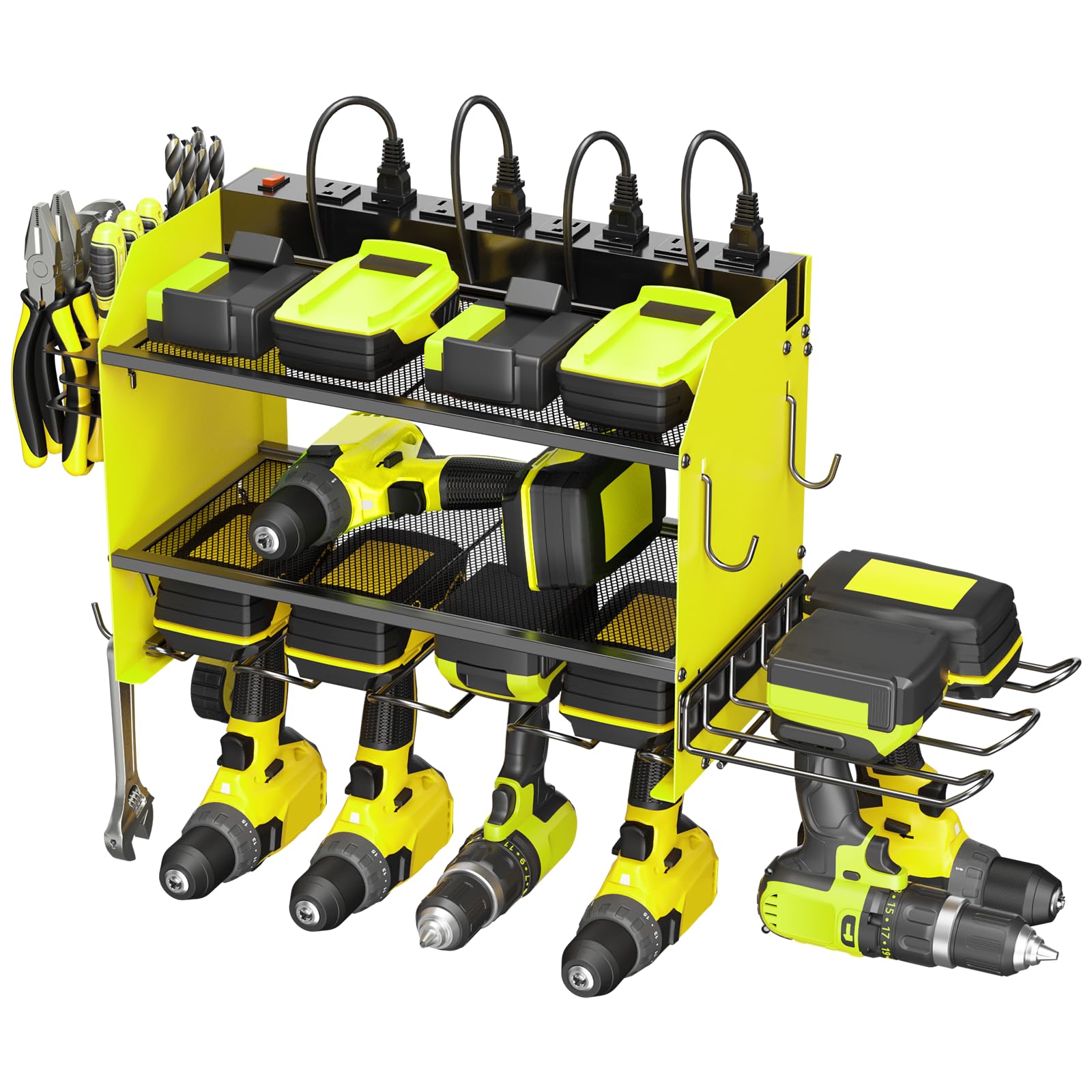 CCCEI Modular Power Tool Organizer Wall Mount Charging Station, Green 6 Drills Holder with 8 Plug Power Strip 10FT, Garage Drill Battery Heavy Duty Metal Shelf, Utility Rack with Hooks, Side Storage. Image