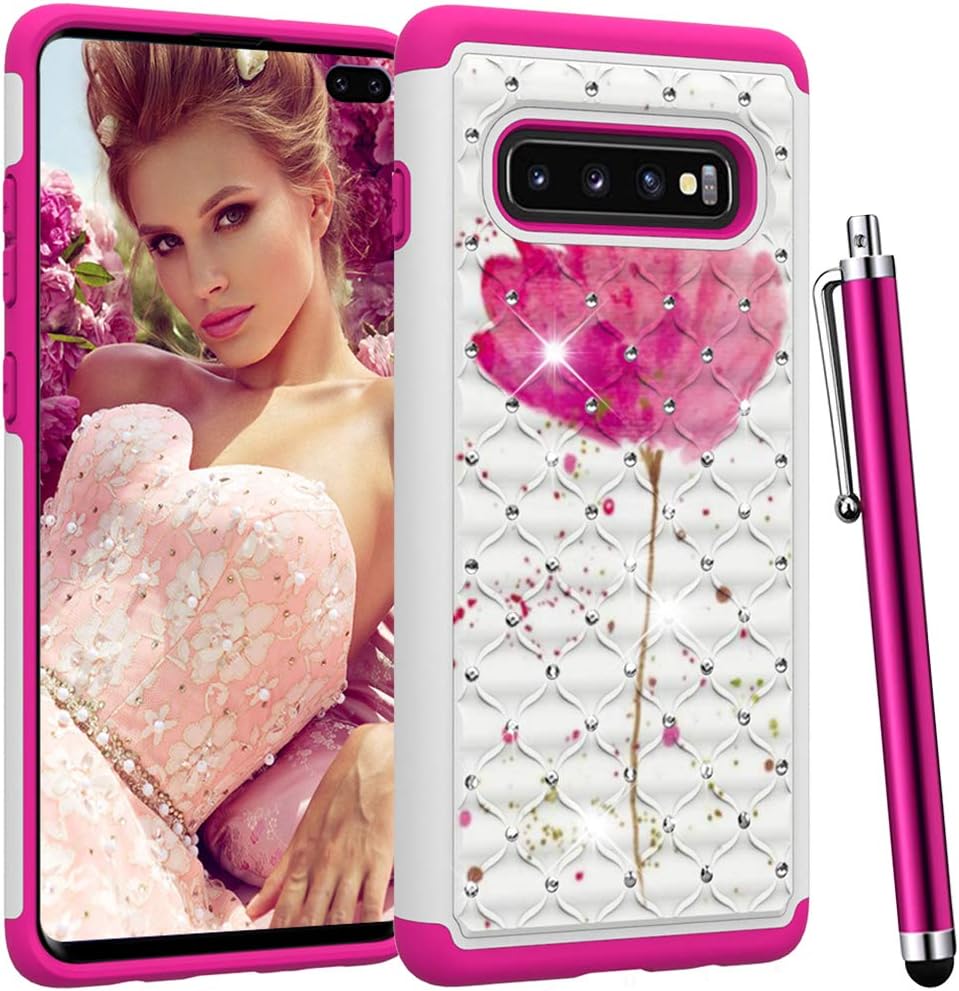 CAIYUNL Case for Galaxy S10 Plus Dual Layer Shockproof Luxury Bling Studded Rhinestone Glitter Women Girls Protective Hybrid Heavy Duty Hard Phone Cover for Samsung Galaxy S10+ [Not S10] -Pink Flower