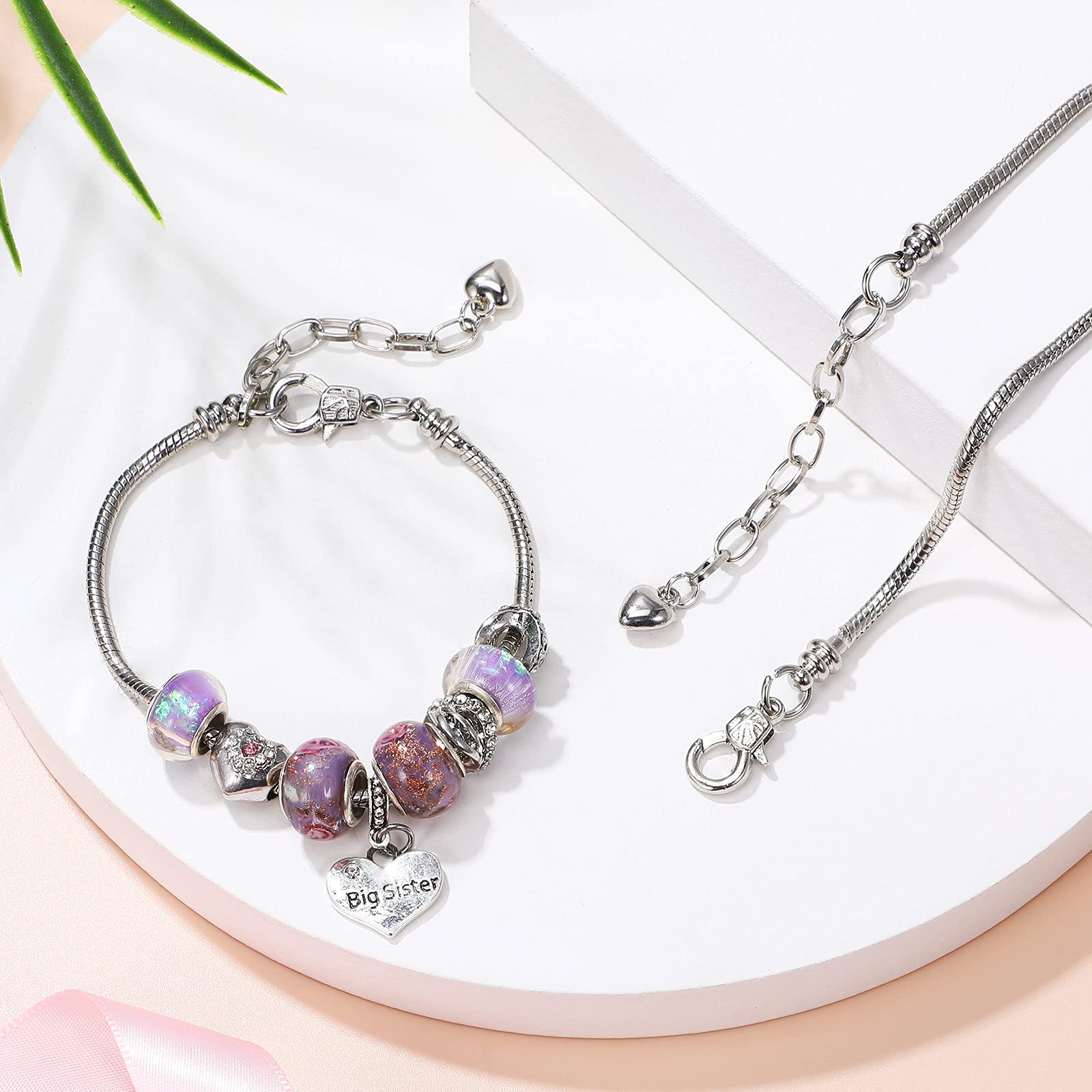 Hicarer 27 Pieces Snake Charm Bracelet Chain Adjustable Charm Bracelet Chain with Heart Shape Extender Copper DIY for Women Jewelry Making(7.9 Inch,Silver)