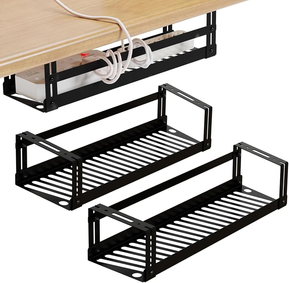 PAVSTINE Under Desk Cable Management Tray 2 Pack Carbon Steel Self Adhesive