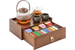 Kssiaz Bamboo Tea Bag Organizer, Tea Organizers and Storage Box, Tea Caddy with 8 Adjustable Compartments, Wooden Tea Station Chest Display, Organizador De Te, Brown