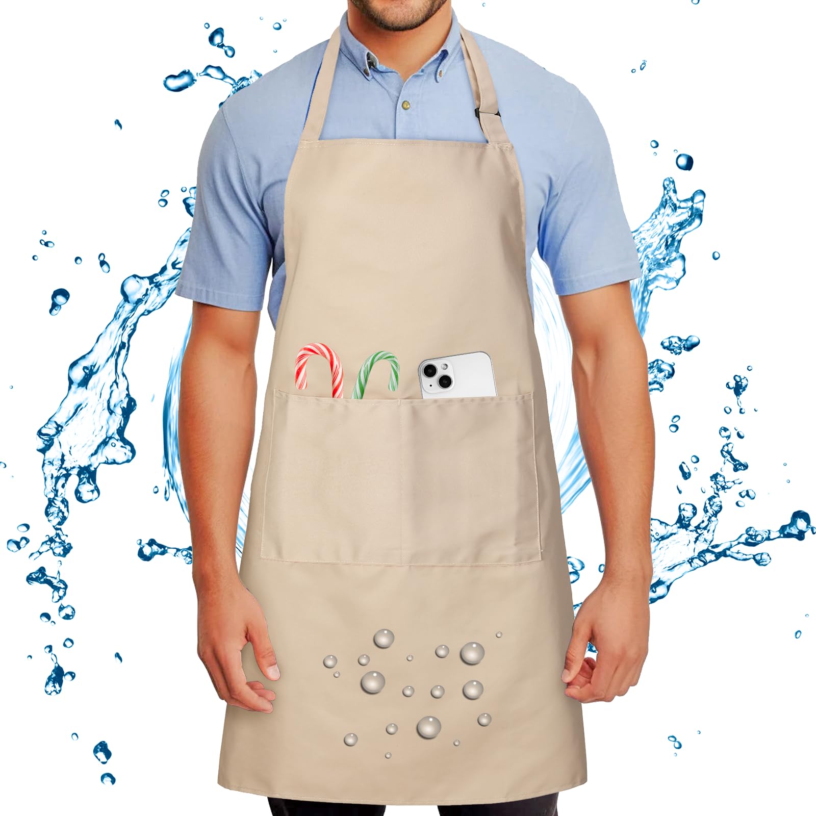 FunChaos Chef Apron for Men and Women Wash Free Bib Apron with 2 Pockets Water & Oil Proof Adjustable Aprons Professional for Cooking Kitchen Gardening Painting BBQ, Khaki