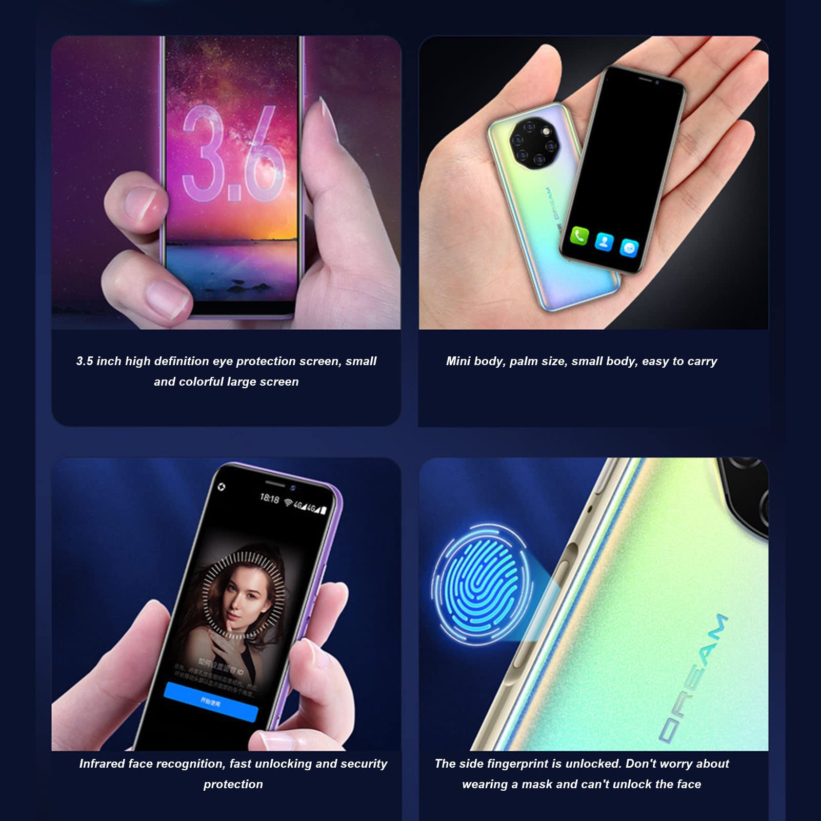 Mini Smartphone, 3.5 Inch 4G Unlock Cell Phone 3GB 32GB Dual SIM Dual Standby, Face Fingerprint Unlock, Kids Phone Pocket Cell Phone for Android (Purple)