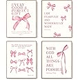 LARTSFRO Coquette Pink Bow Wall Art Decor Posters, Pink Bow Room Bedroom Bathroom Wall Art Decor Aesthetic for Teen Girls Gifts, Inspirational Bible Verses Bow Wall Decor, 12x16 Inch Set of 4 Bow Pictures Unframed