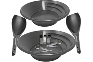 SLUICE FOX Gold panning kit for Two; Two Green Gold Pans with Gold Trap and Dual riffles, Two Plastic Gold paydirt Shovels, Two Stainless Steel Magnifying Tweezers, and Three Glass Gold Storage vials