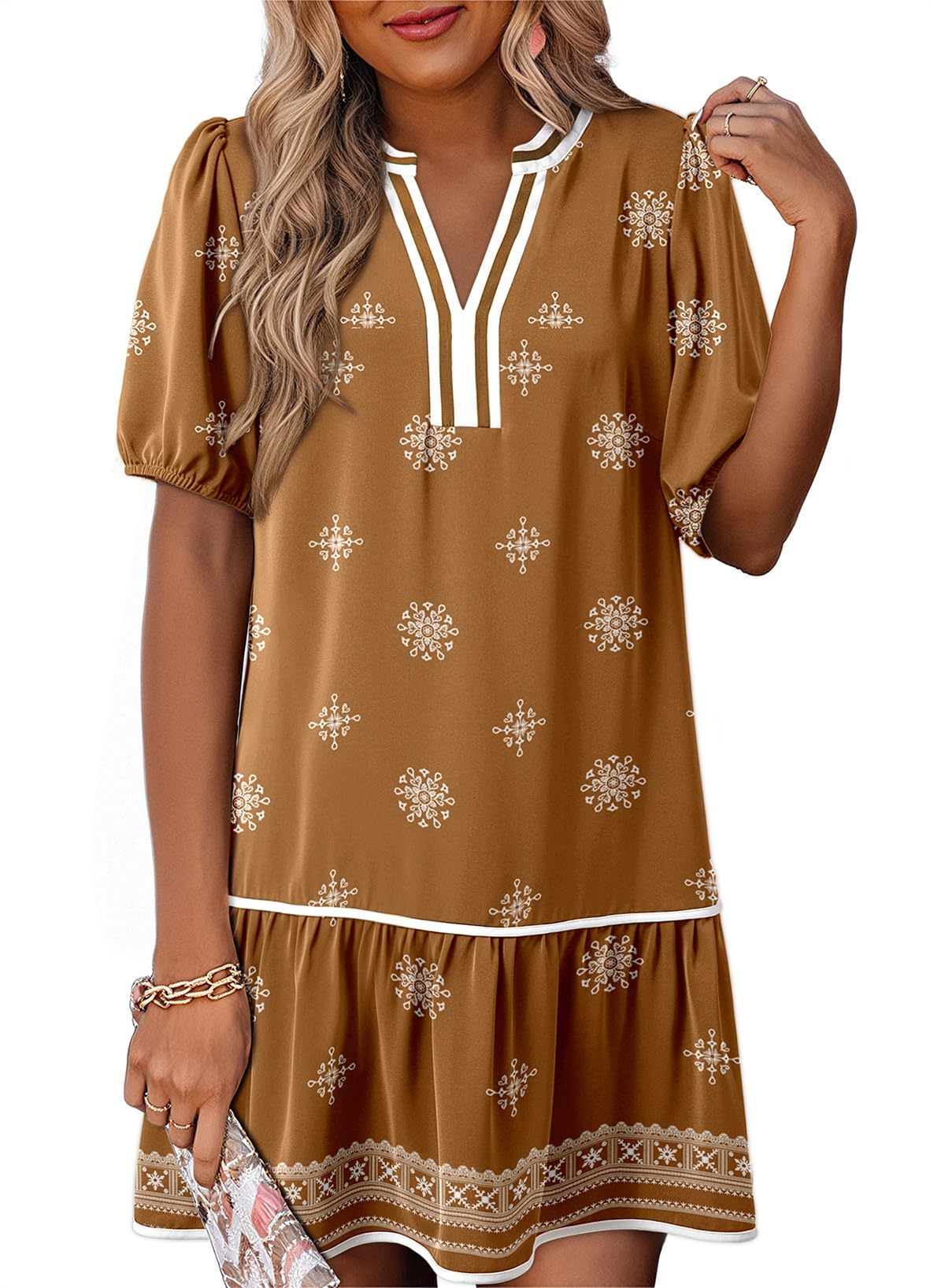 Photo 1 of Dokotoo Chocolate Brown Dress Short Sleeve V Neck Boho Floral Mini Dress Floral Beach Resort Wear 2026 Spring Summer Casual Dresses for Women Ladies Clothing Outfits with Pockets Khaki