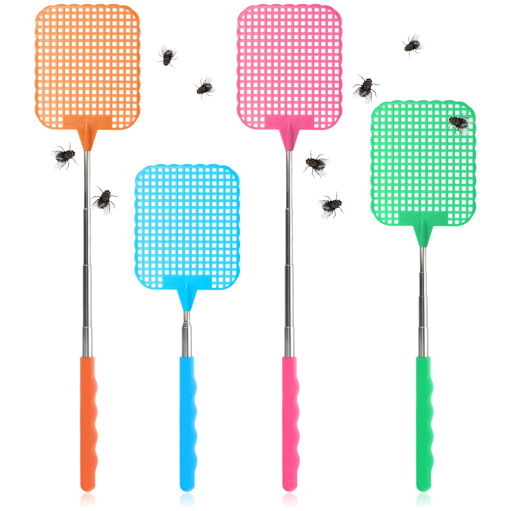 COM-FOUR® 4x telescopic fly swatter - mosquito repellent, extendable handle - pest control selection varies] (04 pieces - assorted colors V2)