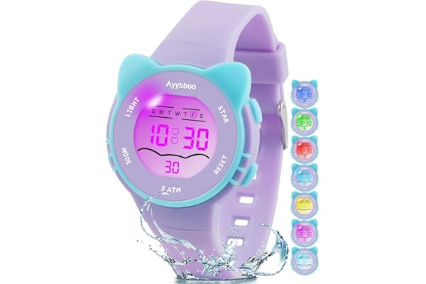 Kids Digital Analog Watch 7-Color Lights Waterproof Alarm Stopwatch for Boys Girls