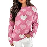 Heart Sweater for Women Valentines Cute Print Crewneck Long Sleeve Oversized Love Sweaters Knit Pullover Tops