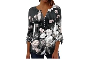 DOUBLELIFT Womens Tops 3/4 Length Sleeves Tunic Vintage Graphic Tees Boho Blouses for Women Casual Floral Print Womens Shirts