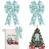 Glodecart 2PCS Christmas Bow for Wreath, Velvet Green Blue Snowflake Wreath Bow for Christmas Décor Winter Snowflake Bow for Front Door Indoor Outdoor Wall Tree Topper Decoration Supplies Ornament