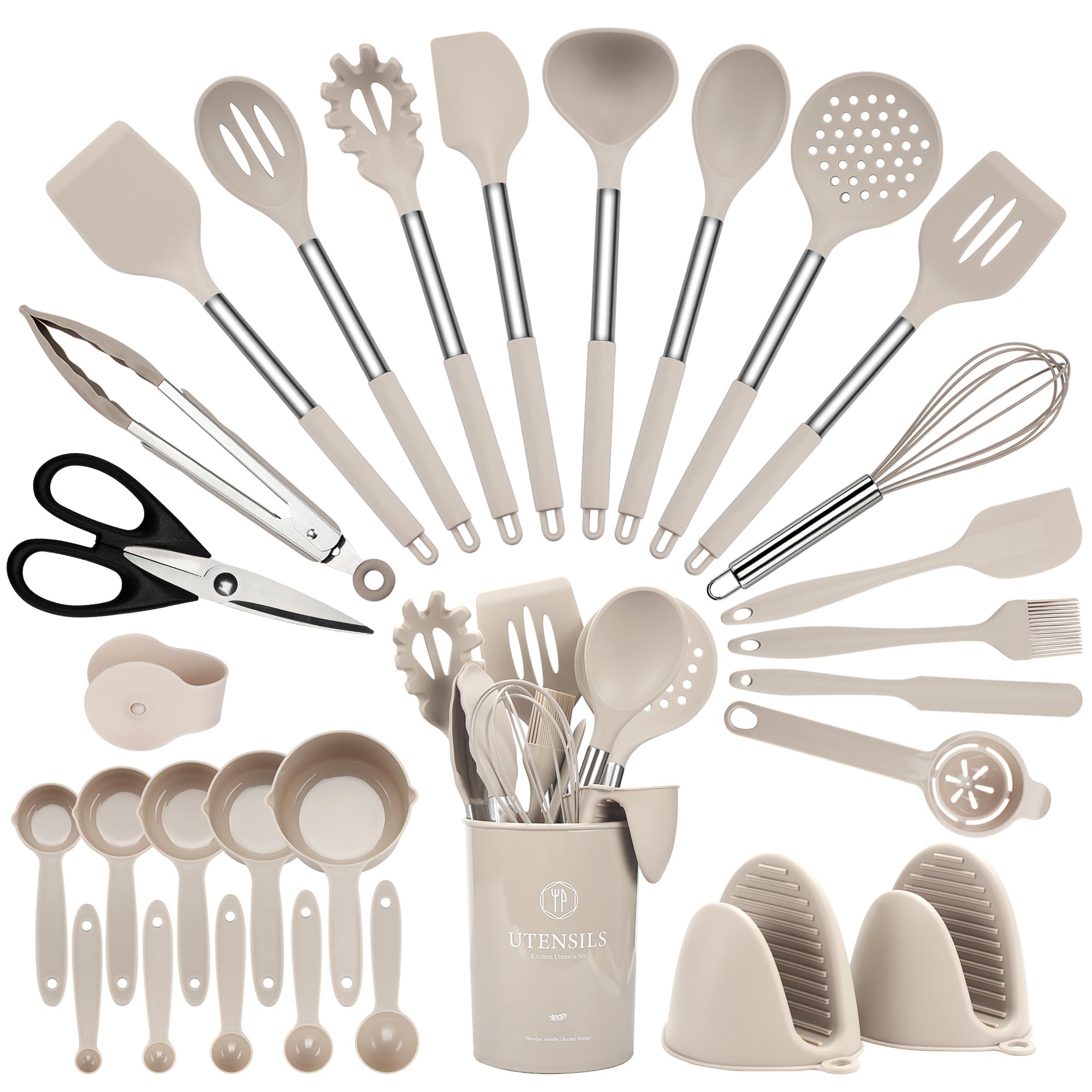 Photo 1 of Hvygss 28 Pcs Silicone Cooking Utensils Set with Stainless Steel Handle, 446? Heat-Resistant Kitchen Utensils Set with Holder, Dishwasher Washable Silicone Spatula for Non-stick Cookware (Khaki)