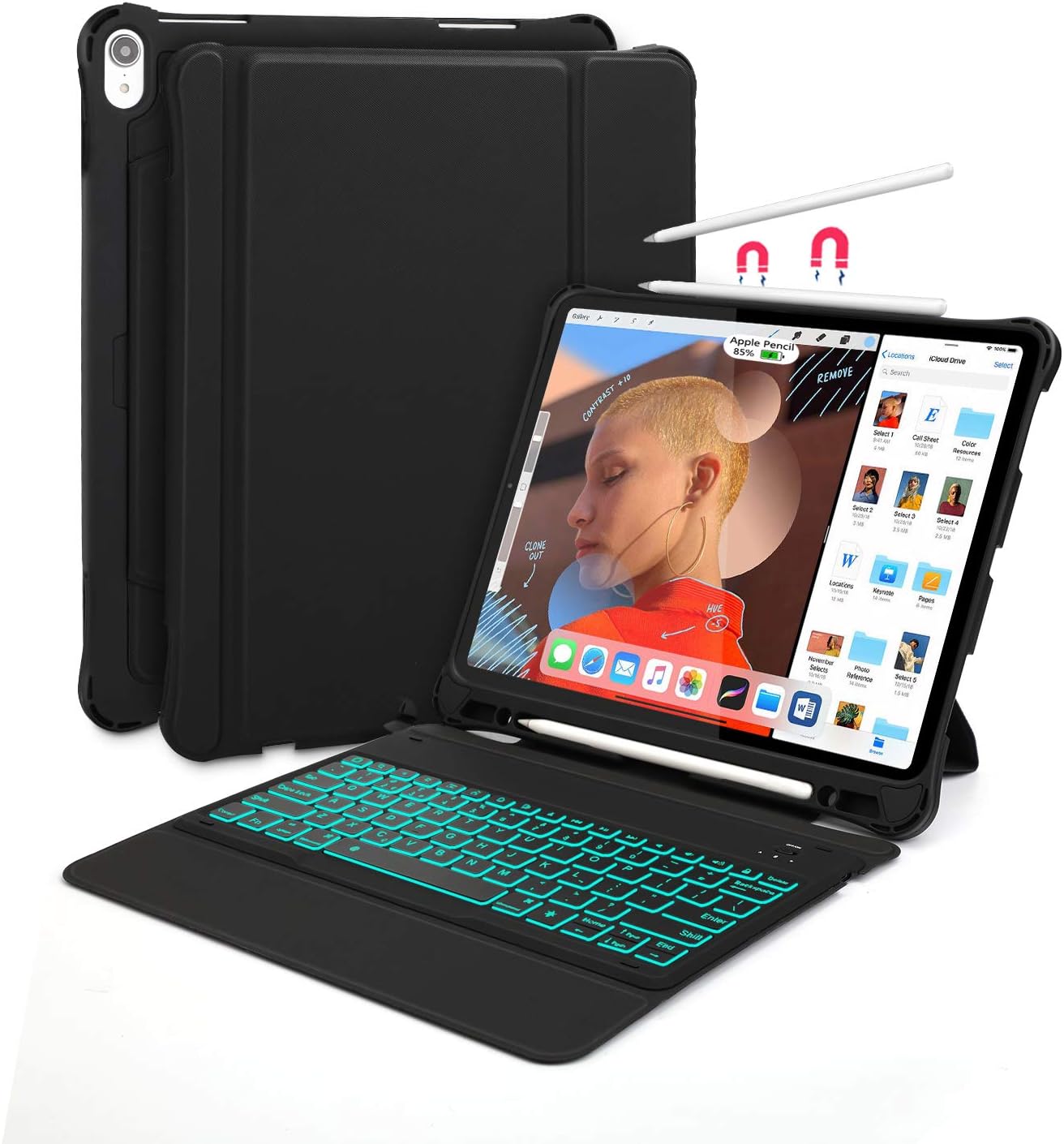 iPad Pro 12.9 Keyboard + Leather Case, Vivefox Wireless iPad Keyboard + Folio Smart Keyboard Case, with Pencil Holder, Auto Wake/Sleep Feature for Apple iPad Pro 12.9 inch (Backlight)