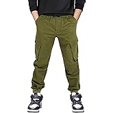 CAMLAKEE Boys Stretch Cargo Pants Kids Drawstring Elastic Waist School Youth Twill Joggers Pants