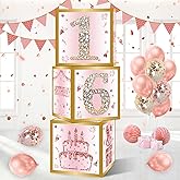 DataMoon Birthday Decorations Boxes with 0-9 Numbers for Girls or Women - 3PCS Pink Rose Gold Happy Birthday Balloons Boxes，Bday Theme Cardboard Decor