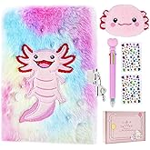PJDRLLC Axolotl Diary with Lock, Gift for 8 9 10 Year Old Girl, Secret Diary Journal Notebook with Coin Purse, Multicolored Pen, Stickers, Practical Gift for Birthday Christmas