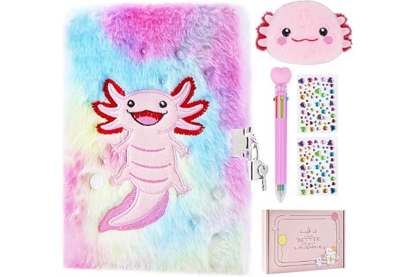 PJDRLLC Axolotl Diary with Lock, Gift for 8 9 10 Year Old Girl, Secret Diary Journal Notebook with Coin Purse, Multicolored Pen, Stickers, Practical Gift for Birthday Christmas