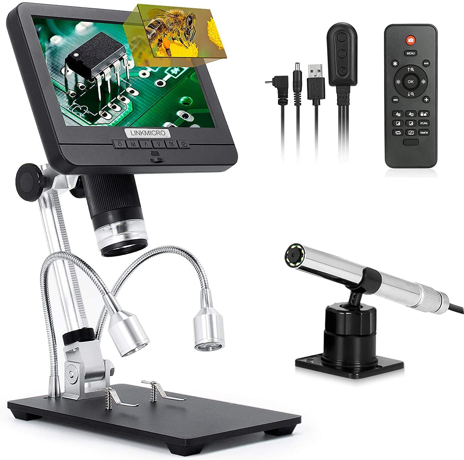 Linkmicro Digital Microscope with Endoscope Image Switchable 7 Inch Screen Two Camera Real Time Sync Play with Metal Adjustable Stand for Material inspection, Phone Repair and SMT/BGA Soldering tools