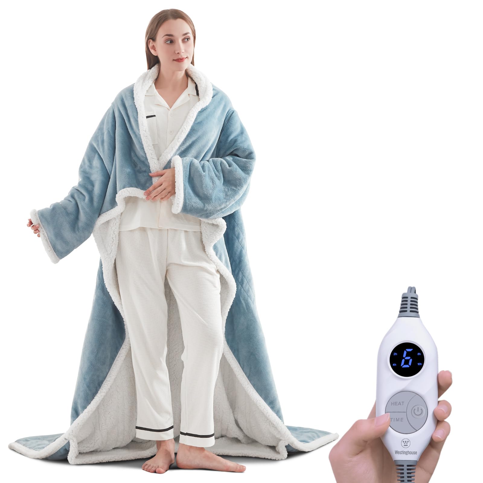 Westinghouse Electric Snuggle Throw Blankets with Foot Pocket, Wearable Heated Blanket with Sleeves, 6 Heating Levels & 2 to 10 Hours Heating Time Settings, 50 * 70"+18", Light Blue Image