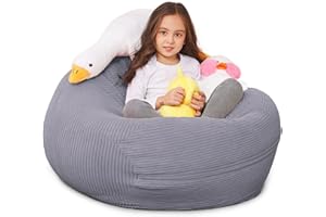 BCHWAY FAMILY Stuffed Animal Storage Bean Bag Chair Cover for Kids, 38" Beanbag Chairs Cover Plush Toys Organizer Super Soft Corduroy with Handle and Zipper for Boys and Girls - Grey