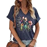PUCKOLITY Vintage Flowers V Neck Shirt for Women Boho Floral Wildflowers Graphic Tee Casual Cottagecore Summer T Shirt