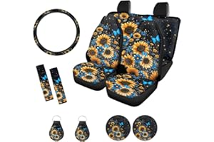 Xoenoiee Sunflower Blue Butterfly Print Car Seat Covers and Accessories, Front Rear Seat Covers, Steering Wheel Cover, Seat Belt Pads, Coasters, Keychains for Car SUV Decor, 11 PCS Set