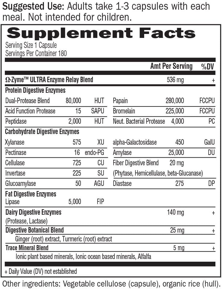 Garden of Life Vegetarian Digestive Supplement - Omega Zyme Ultra Enzyme Blend for Digestion, Bloating, Gas, and IBS, 180 Capsules: Health & Personal Care
