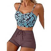 Herseas High Waisted Bikini Sets for Women Floral Print Two Piece Tummy Control Swimsuits Drawstring Short Bathing Suit
