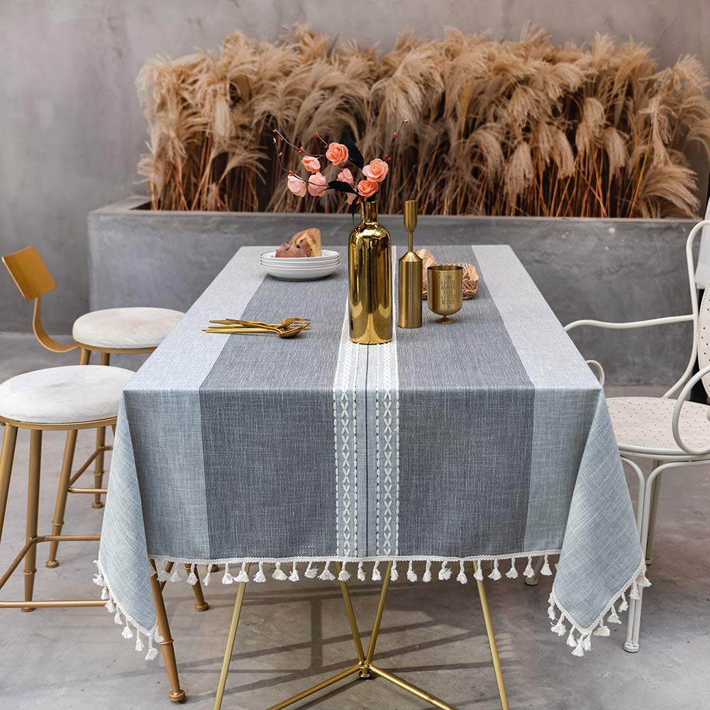 SUNBEAUTY Wipeable Table Cloth Rectangular Cotton Linen 140x240 Grey Tablecloth Wipe Clean Elegant Tassel Table Cloth for Kitchen Dining Table Decoration - 55x94 inch