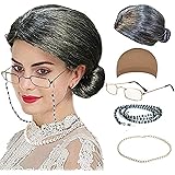 QNPRT Old Lady Cosplay Set - Grandmother Wig, Wig Cap,Madea Granny Glasses, Eyeglass Chains Cords Strap, Pearl Beads