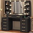 jiteentarou Glass Top Vanity Desk with Mirror and Lights, Large Vanity Makeup Mirror Desk with Charging Station Compartment Storage Drawers, Modern Makeup Vanity with 9 Drawers 6 Shelves, Black