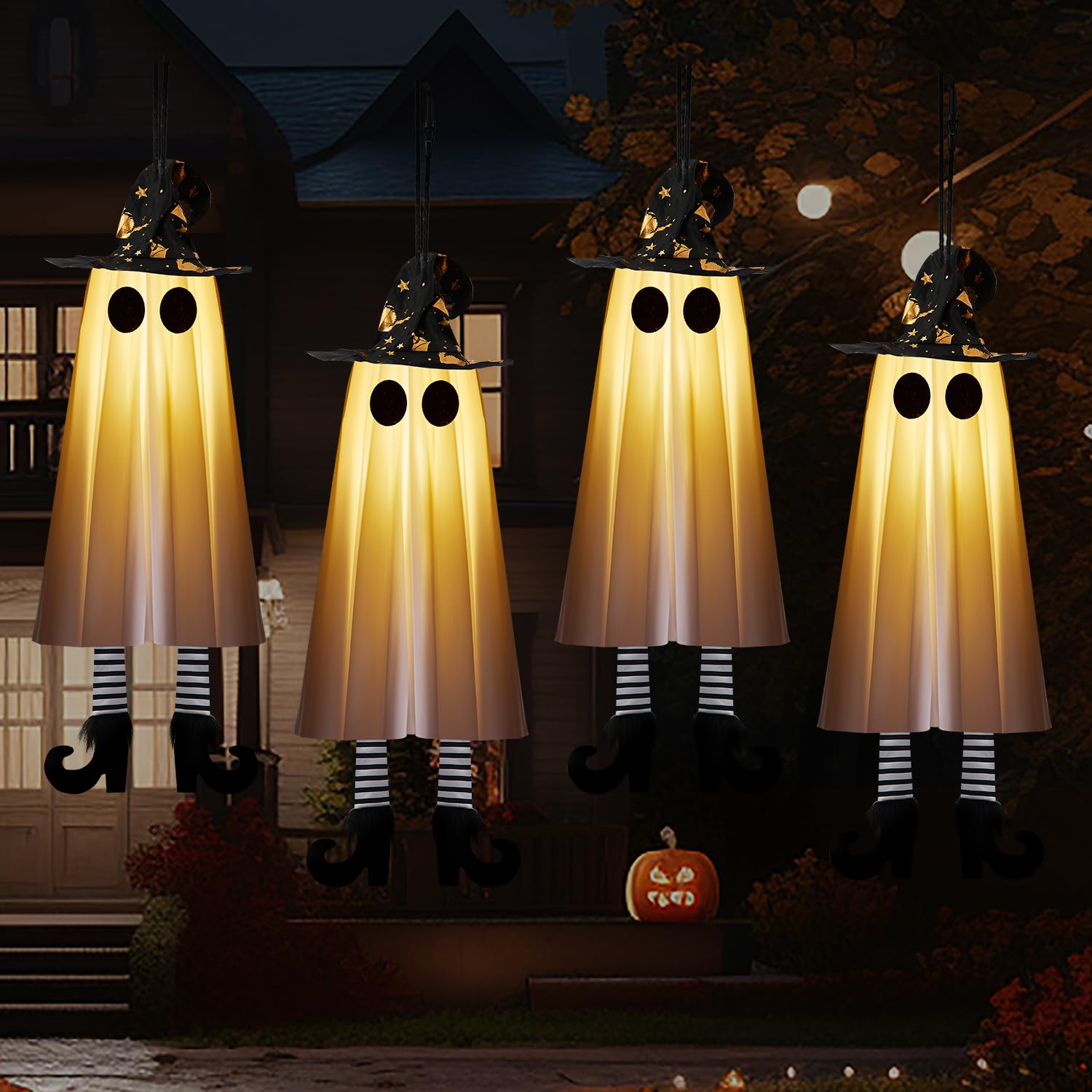 Photo 1 of Halloween Decorations Outdoor Indoor, 4pcs Hanging Ghost Decor with Light, Spooky Swinging Witch Hat Ghosts for Halloween Decor, Perfect for Yard, Patio, Garden, Tree (Includes 24 Batteries)
