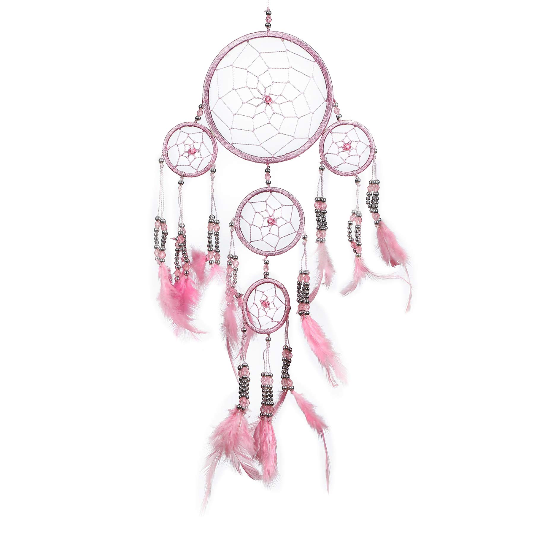 Pink Pineapple Handmade Bohemian Dream Catcher Ethical Hanging Dreamcatcher Wall Art with Feathers and Silver Beads Traditional Crochet Design - 12cm Wide, 35cm Long (Light Pink)