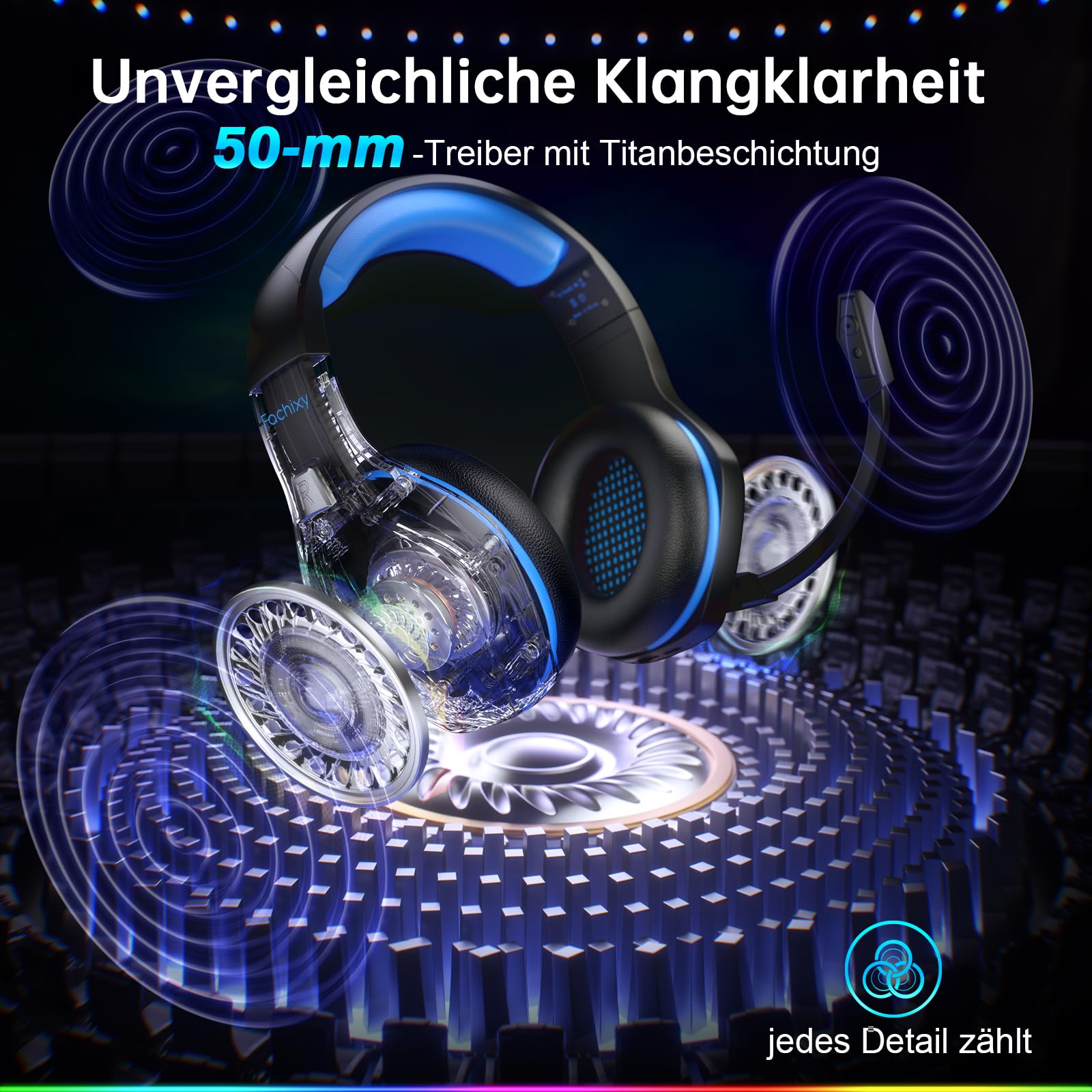 Fachixy FC100 Headset mit Mikrofon, 2,4G Wireless Gaming Headset für PS5, PS4, PC, Switch, Mac, Surround Sound Bluetooth Gaming Kopfhörer kabellos mit LED Licht, Über 50 Stunden Akkulaufzeit 2