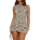ABMOIU Women's Sexy Off Shoulder Bodycon Mini Dress 2026 Summer Printed Ruched Dresses Party Club Outfits