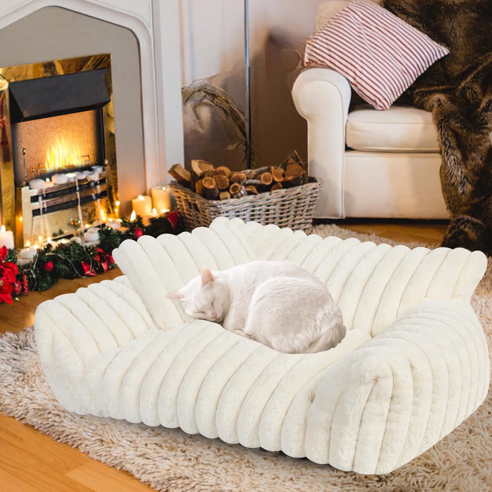 Photo 1 of Cute Cat Couch Bed for Indoor Cats, Fluffy Pet Cat Sofa with Premium Soft Corduroy Fleece, Cute Small Dog Beds for Small Dogs, Fuzzy Puppy Chair with Removable Washable Cover (24x18x10,Cream)
