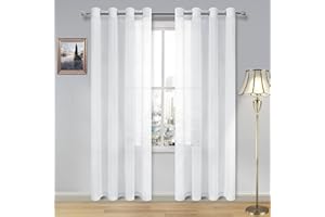 DWCN White Sheer Curtains Linen Look Semi Transparent Voile Grommet White Curtains for Living Dining Room Drapes 52 x 84 Inch Long, Set of 2 Panels
