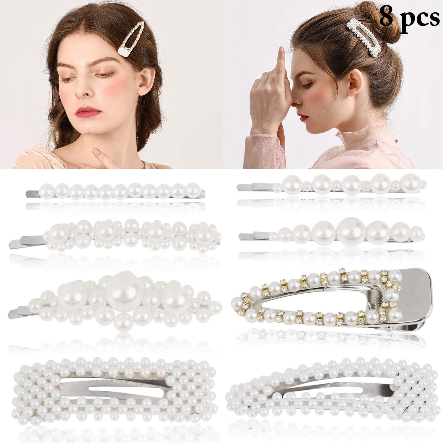 Aniwon 8PCS Pearl Hair Clip Fashion Barrette Bobby Pin Artificial Alligator Hair Accessories for Women Lady Girls … (Silver)