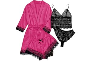 Gamivast Sexy Lingerie for Women 2023 Naughty Silk Pajama Set Robe Floral Lace Nightgowns Satin Pj Set Multi Piece Pajama Set