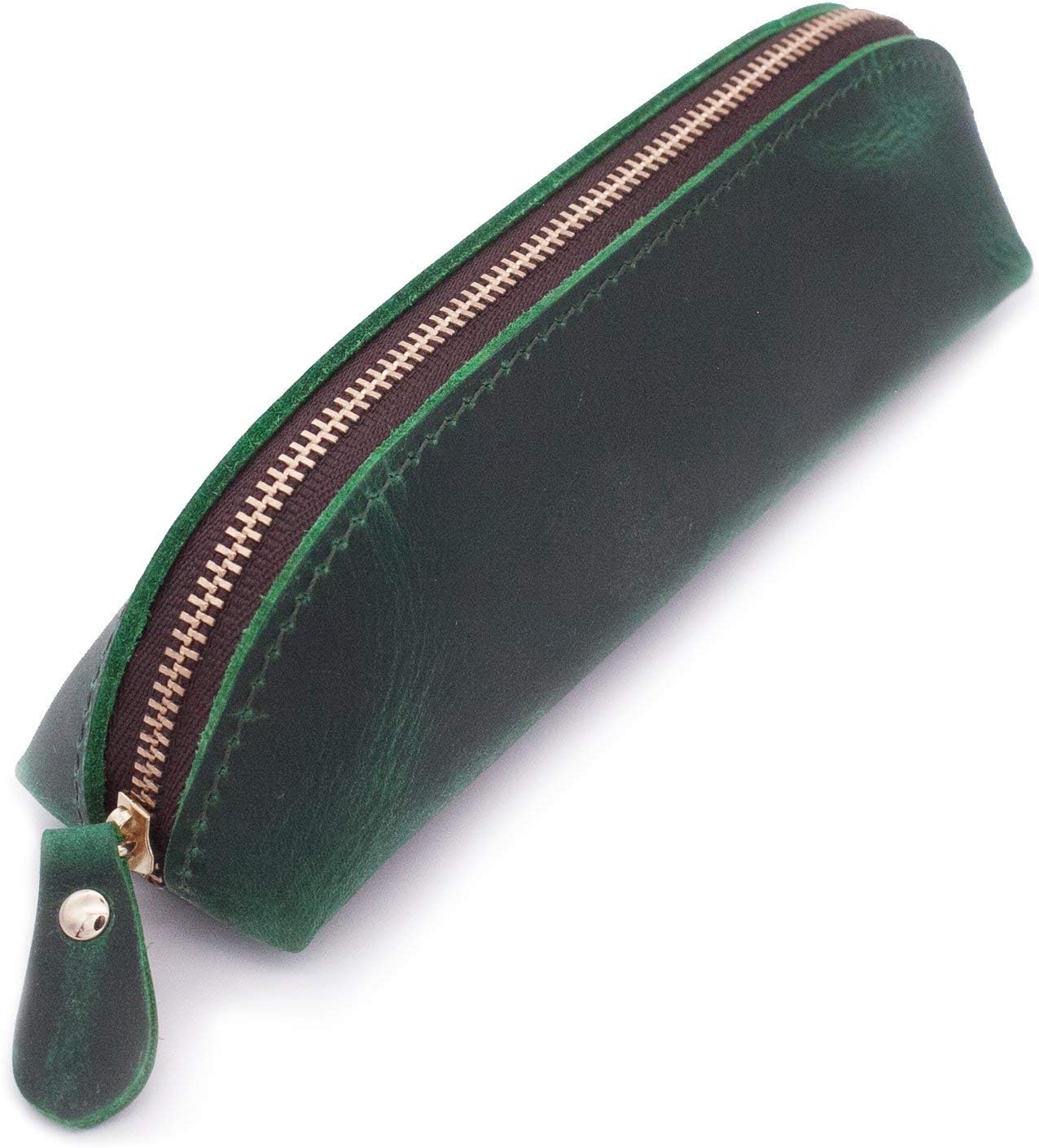Collasaro Small Leather Pencil Case for Men Women Zippered Pen Pouch Stationery Holder Cosmetic Bag (Green)