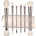 Raffaello 6-in-12 Dual-Ended Makeup Brushes Set, Sustainable Rose Gold Brushes with Recycled Materials, Includes White Faux Leather Pouch, Professional Face & Eye Makeup Kit for Travel and Daily Use