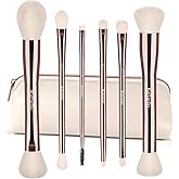 Raffaello 6-in-12 Dual-Ended Makeup Brushes Set, Sustainable Rose Gold Brushes with Recycled Materials, Includes White Faux Leather Pouch, Professional Face & Eye Makeup Kit for Travel and Daily Use