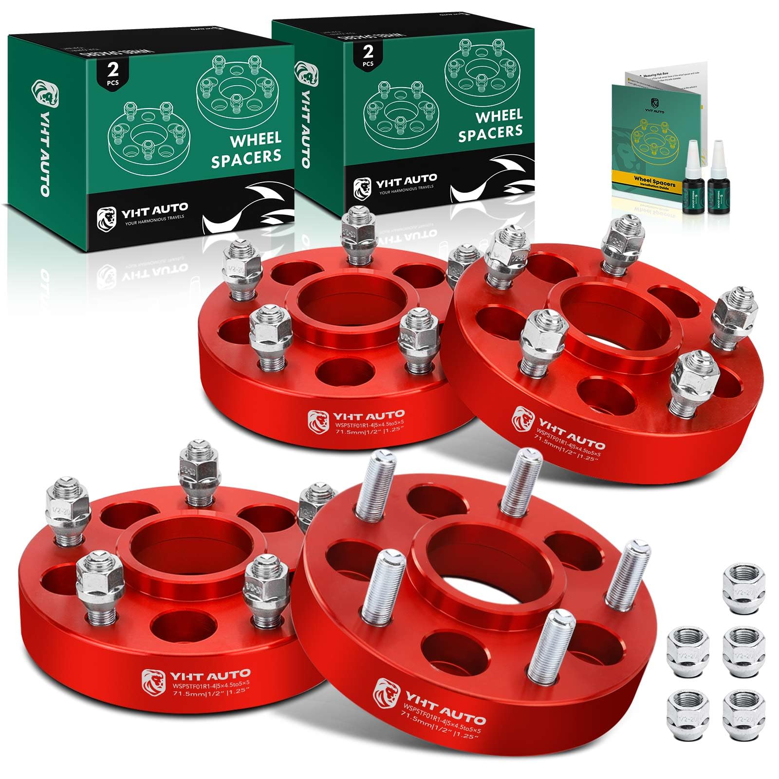 Photo 1 of YHTAUTO 5x4.5 to 5x5 Hub Centric Wheel Adapters 1.25 inch Fit XJ ZJ KJ KK YJ TJ Jeep Ford Models, Wrangler, Grand Cherokee, Explorer, Tire Adapters w/ 1/2"-20 Studs, 71.5mm Hub Bore 5 Lug 4PCS Red